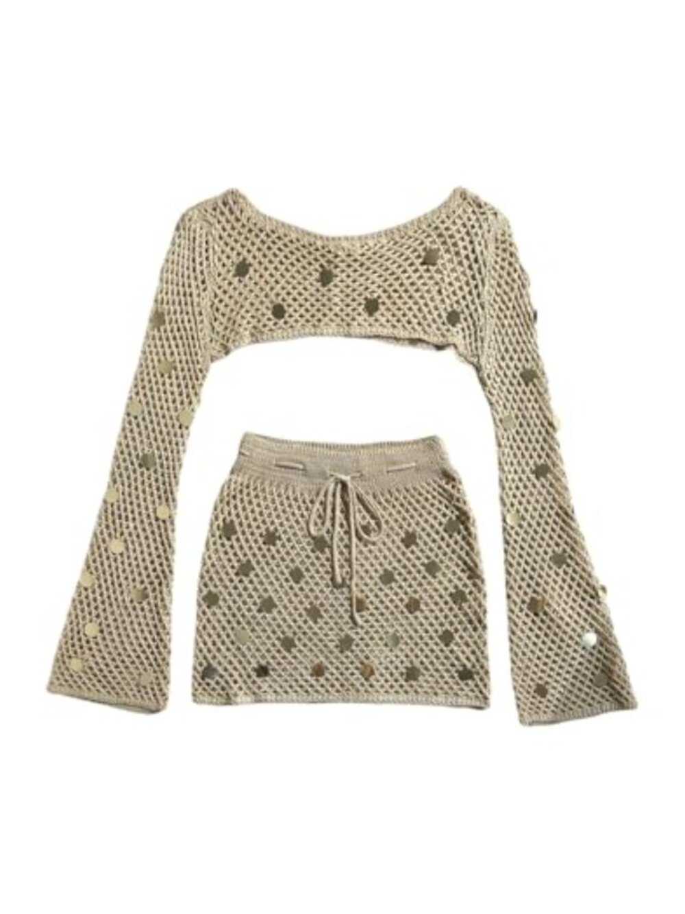 Women's Crochet Bikini Cover Up Set Sequin Crop Top and Mini Skirt Beach